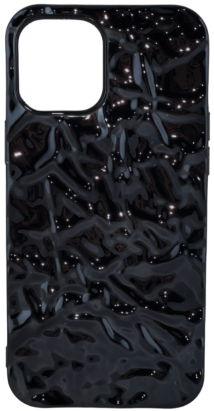 Sleek and glossy black iPhone case with a pronounced textured pattern, offering a luxurious feel on a dark background