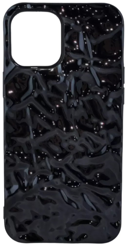 Плътен и блестящ черен калъф за iPhone с изразена текстурирана шарка, предлагащ луксозно усещане на тъмен фон