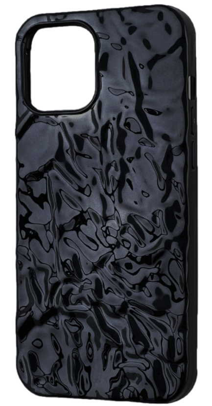 Sleek and glossy black iPhone case with a pronounced textured pattern, offering a luxurious feel on a dark background