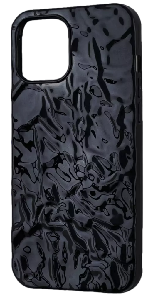 Плътен и блестящ черен калъф за iPhone с изразена текстурирана шарка, предлагащ луксозно усещане на тъмен фон