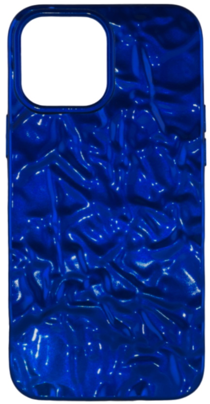 Bold and vibrant blue iPhone case with a glossy, deeply textured finish, standing out on a dark background