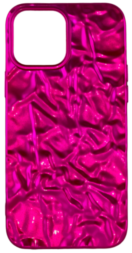 Bright and glossy pink iPhone case with an eye-catching textured design, adding a pop of color on a dark background