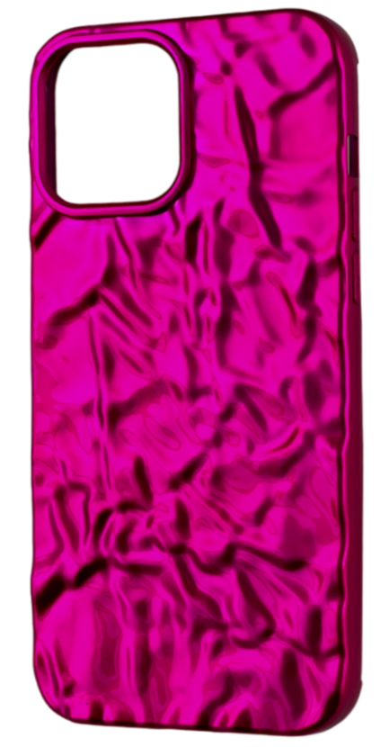 Bright and glossy pink iPhone case with an eye-catching textured design, adding a pop of color on a dark background