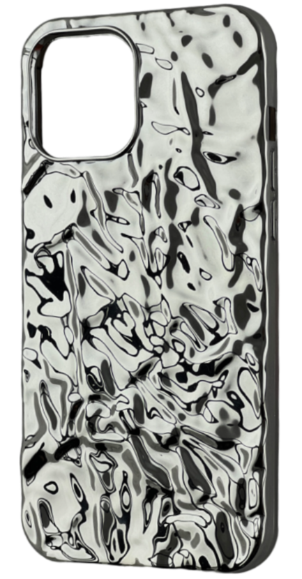 Glossy and vibrant silver iPhone case with a highly textured surface, reflecting light dynamically on a dark background